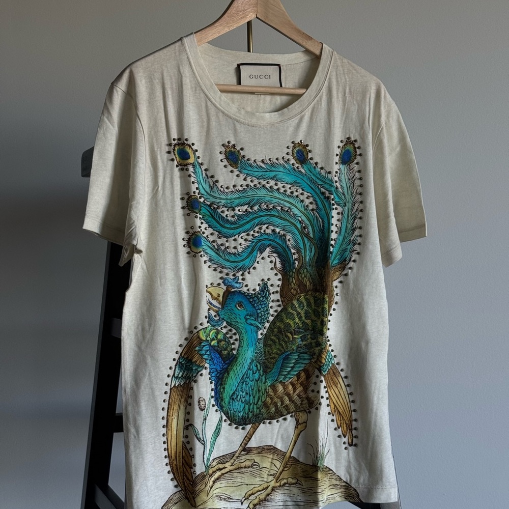 Gucci Oversized Beige Tee with peacock design — Angry Forest Collection